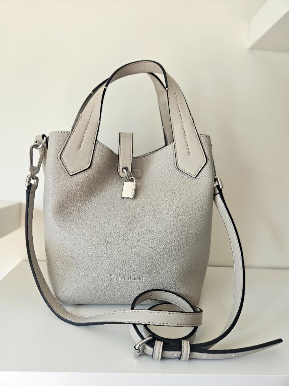 Calvin Klein Pebbled Faux Leather Convertible Satchel / Crossbody – Light Gray